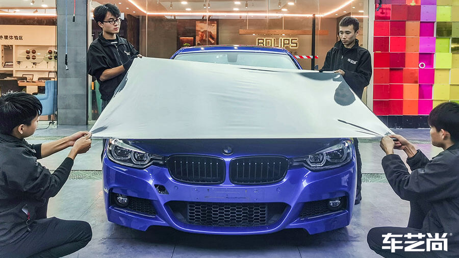 宝马3系蓝色施工车身改色膜纳多灰（图2）